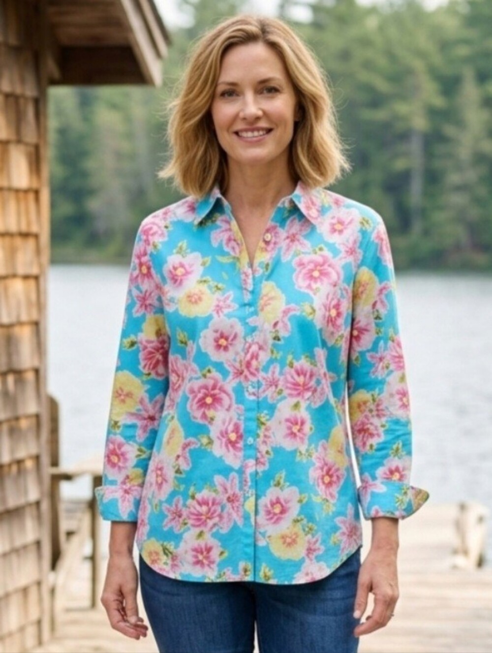 Jones New York Button-Front  Shirt Blouse 100% Cotton Blue Pink & Yellow Floral